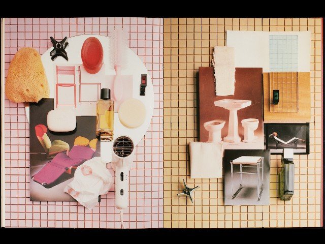 An open booklet. The left page has a collage that incorporates a sponge, tap knob, hairbrush, perfume bottle, hairdryer, crumpled-up tissue with lipstick marks, three bars of soap, and pictures of lounge chairs and dining chairs. The right page has a collage that incorporates two fabric samples, a perfume bottle, tap knob, piece of mesh, and pictures of a sink with two toilet bowls, a lounge, and a stool.